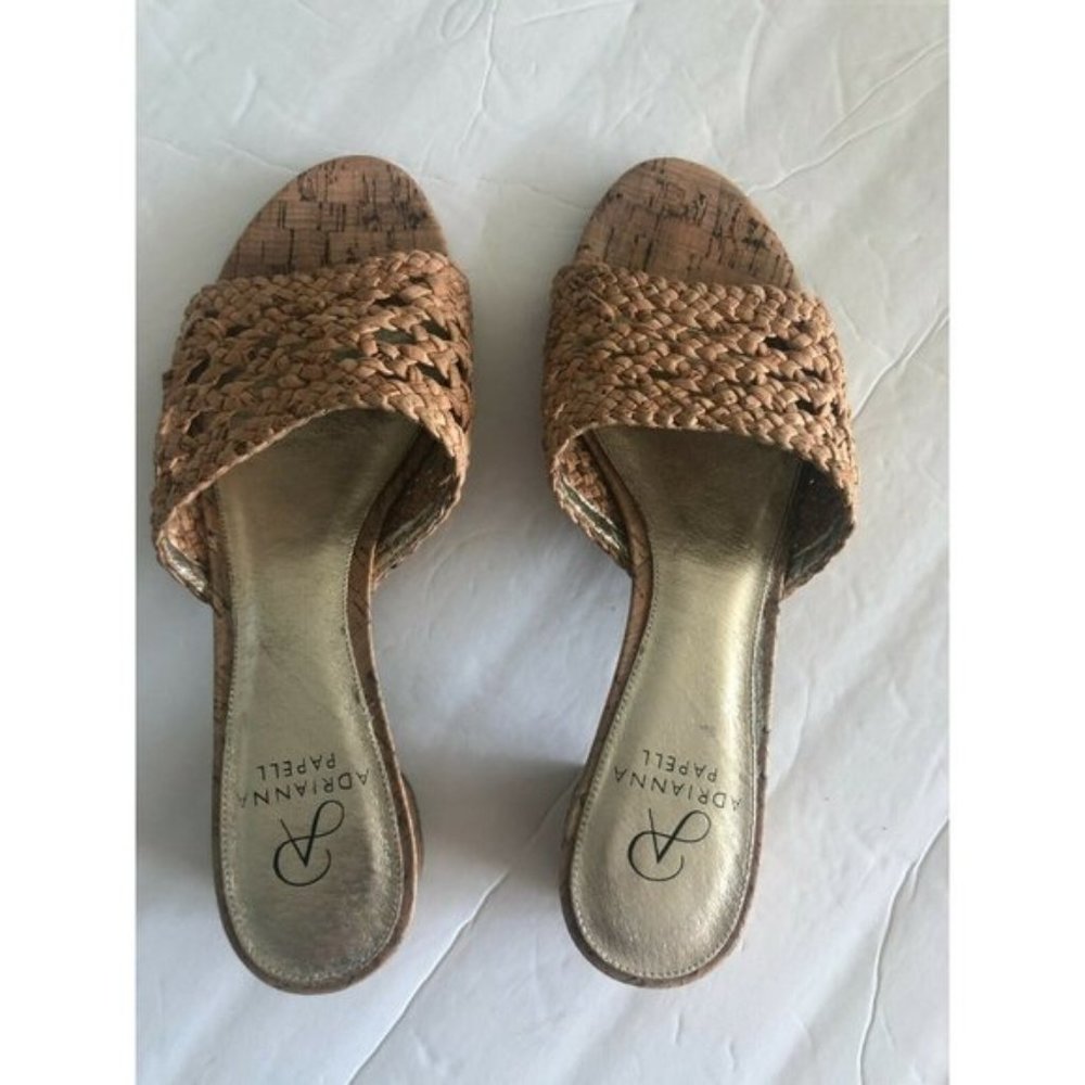 ADRIANNA PAPELL Cork Leather Low Heel Mule Slide Sandals Natural Sz.8.5